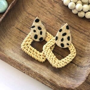 Leopard Print Rattan Drop Earrings | Boho Statement